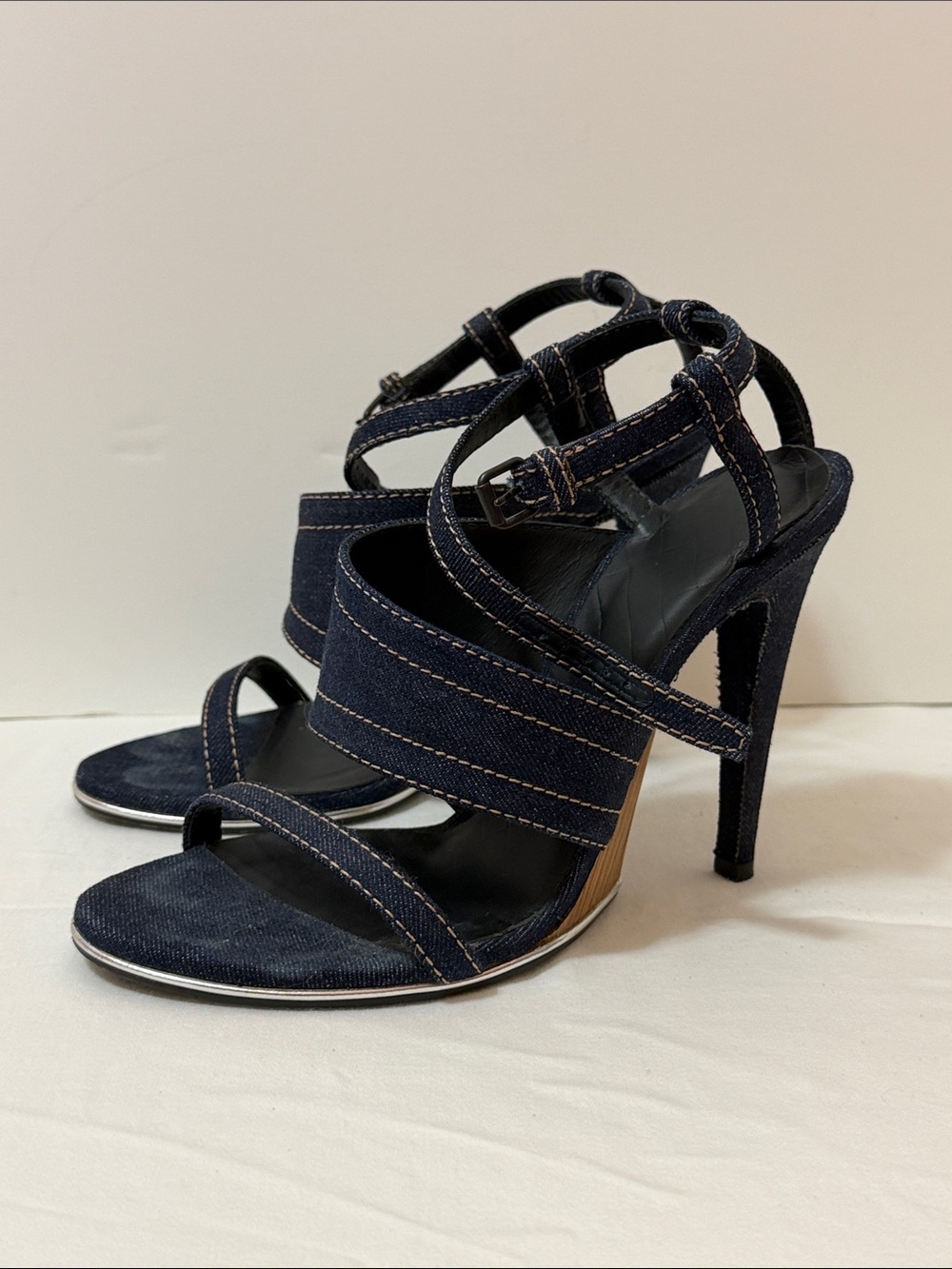Bottega Veneta Navy Denim Strappy High Heel Sandals with Wood Effect Heel Size 8